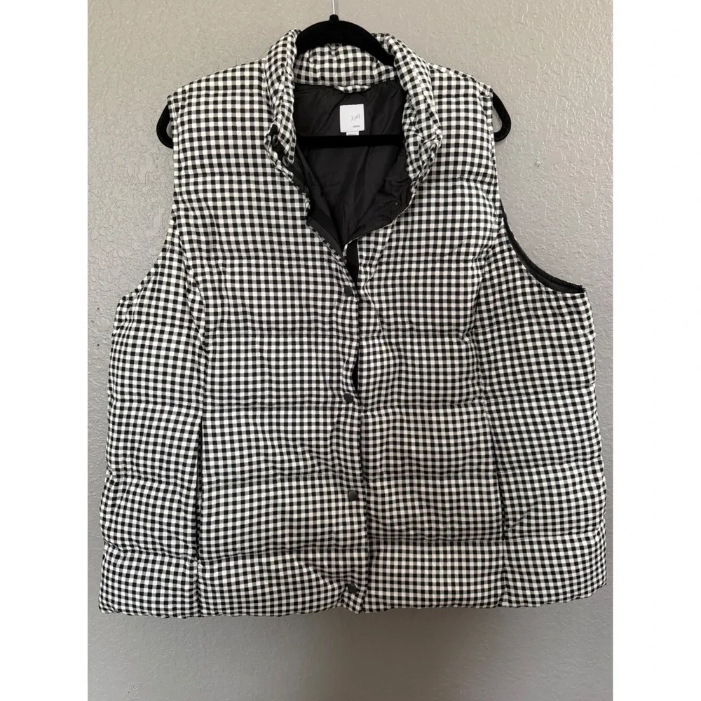 J. Jill  Black White Gingham DOWN Puffer 3x Vest‎ Snap Front Mock Neck Spring